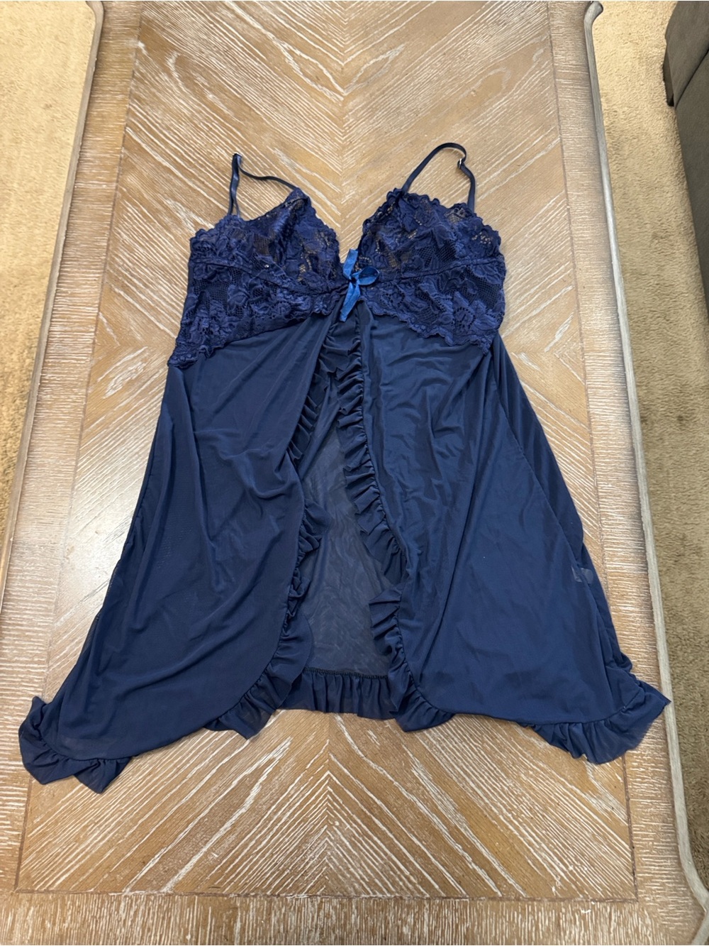 Lace-Trim Navy Blue Babydoll Chemise